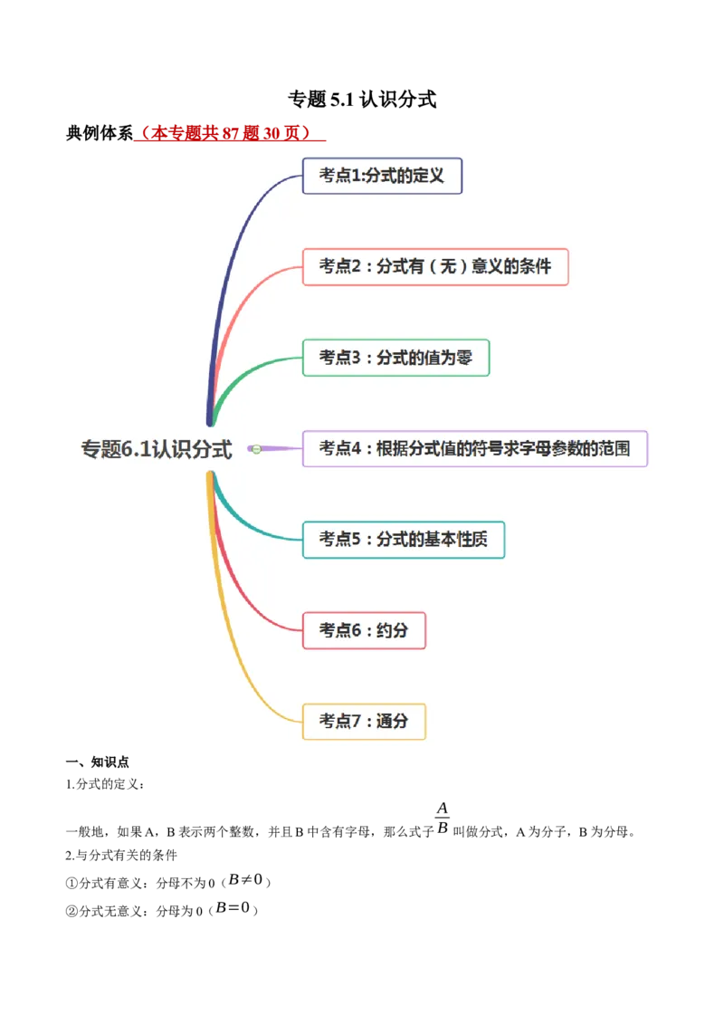 专题5.1认识分式（讲练）-简单数学之八年级下册同步讲练（解析版）（北师大版）_北师大初中数学_8下-北师大版初中数学_旧版-可参考_06专项讲练_八年级年级下册同步讲练