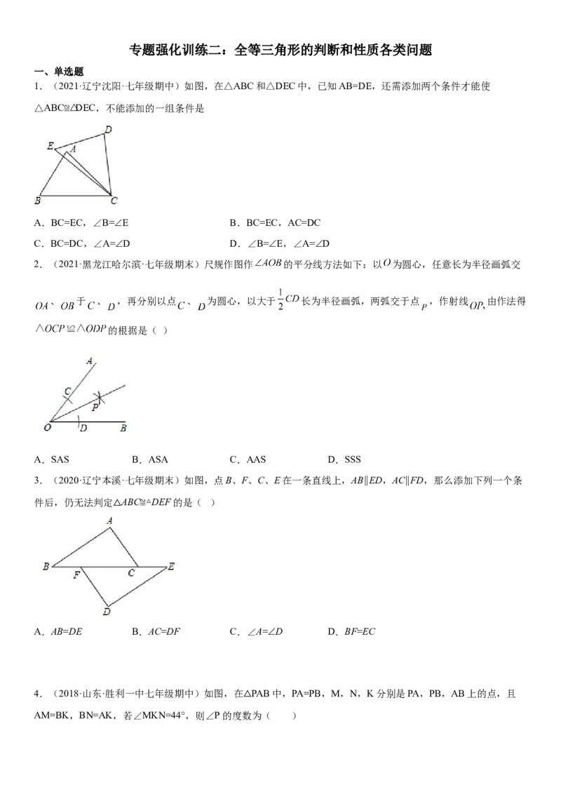 专题强化训练二全等三角形的判断和性质各类问题-七年级数学下册《考点&bull;题型&bull;技巧》精讲与精练高分突破（北师大版）_北师大初中数学_7下-北师大版初中数学_06专项讲练