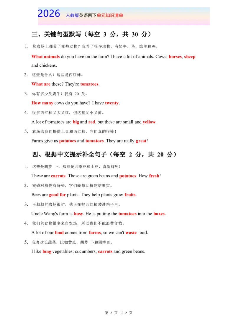 2026春人教版英语四下知识清单Unit5完整版_4下-新英语人教PEP版（2026持续更新）_08知识清单（全册）_08.知识清单
