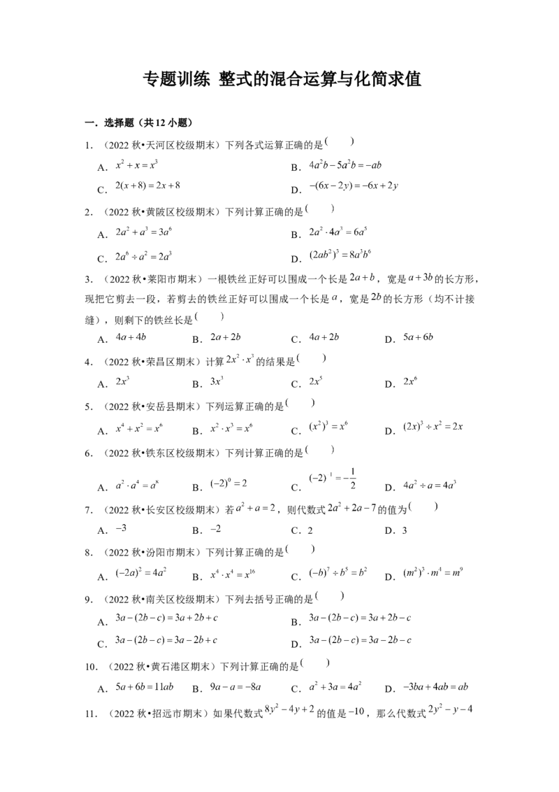 专题训练整式的混合运算与化简求值（原卷版）_北师大初中数学_7下-北师大版初中数学_7下-初中数学北师大版（旧版）赠送_06专项讲练
