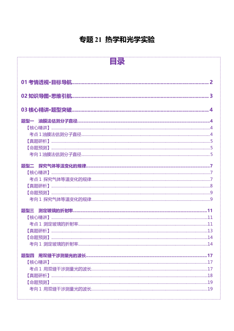 专题21热学和光学实验（讲义）（原卷版）_03高考英语_2025年新高考资料_二轮复习_01高考语文等多个文件_上好课2025年高考物理二轮复习讲练测（新高考通用）