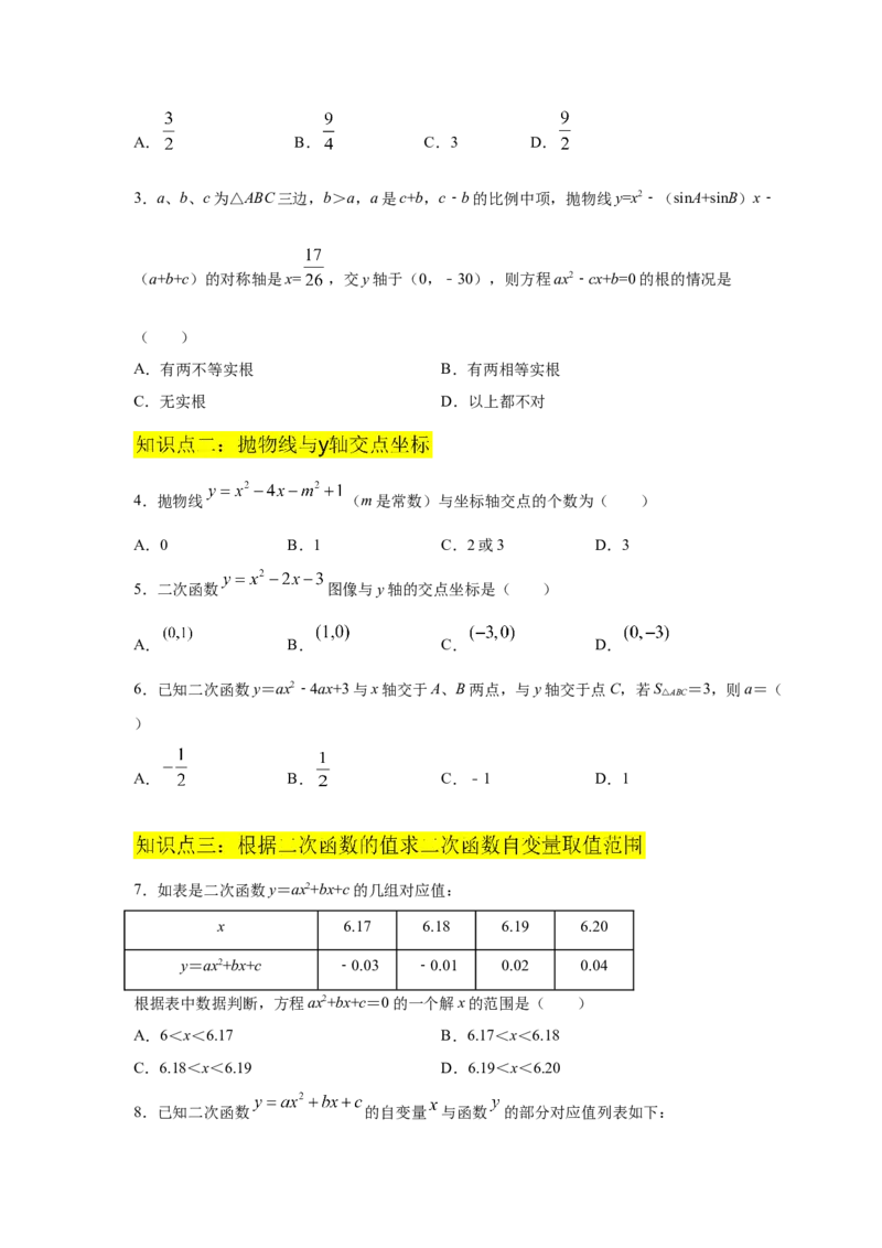 专题2.25二次函数与一元二次方程（专项练习1）-九_北师大初中数学_9下-北师大版初中数学_05习题试卷_1课时练习_同步练习（第2套）