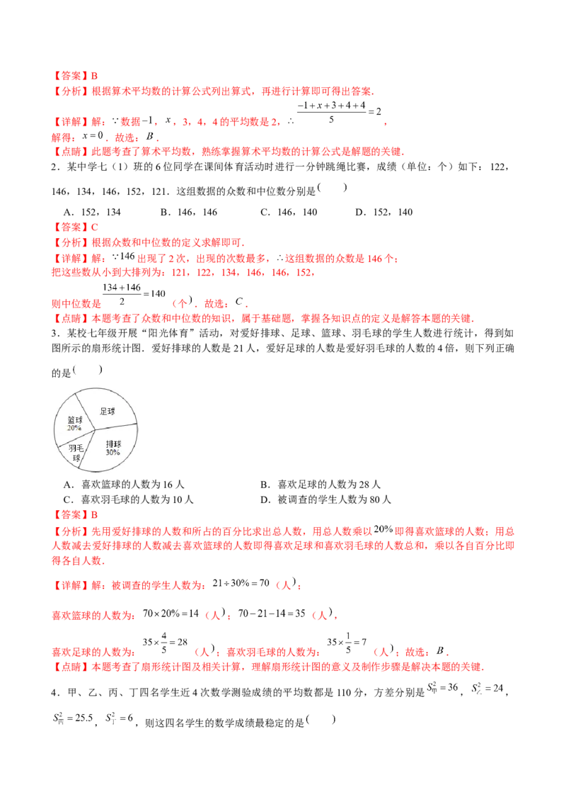 专题12：数据的分析（解析版）-2021-2022学年八年级数学上册基础考点专题培优训练+重要题型小专题（北师大版）_北师大初中数学_8上-北师大版初中数学_旧版_06专项讲练