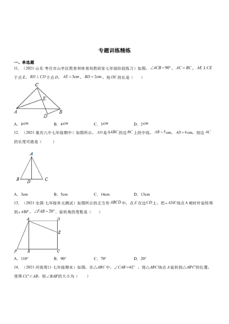 专题强化训练一全等三角形中的辅助线问题-七年级数学下册《考点&bull;题型&bull;技巧》精讲与精练高分突破（北师大版）_北师大初中数学_7下-北师大版初中数学_06专项讲练