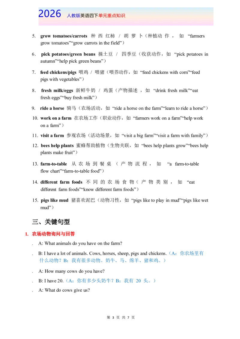 2026春人教版英语四下单元重点知识Unit5_4下-新英语人教PEP版（2026持续更新）_08知识清单（全册）_08.单元重点知识