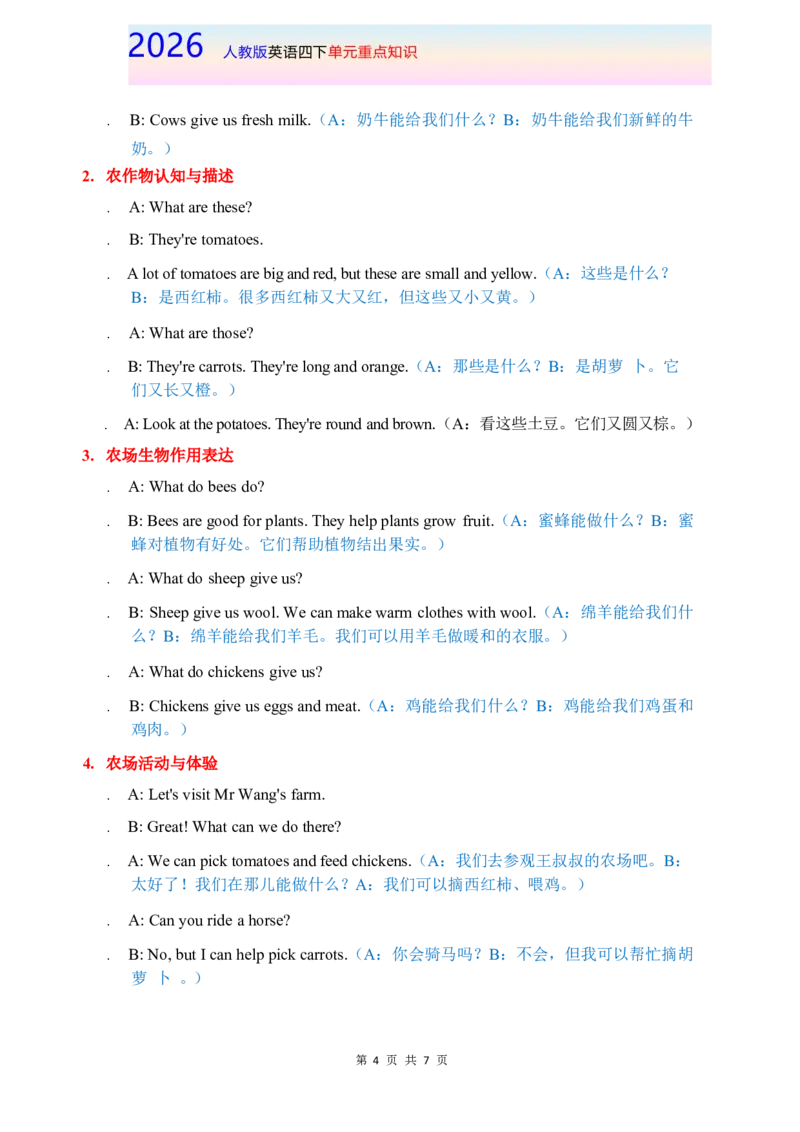 2026春人教版英语四下单元重点知识Unit5_4下-新英语人教PEP版（2026持续更新）_08知识清单（全册）_08.单元重点知识
