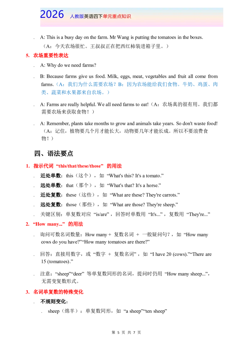 2026春人教版英语四下单元重点知识Unit5_4下-新英语人教PEP版（2026持续更新）_08知识清单（全册）_08.单元重点知识