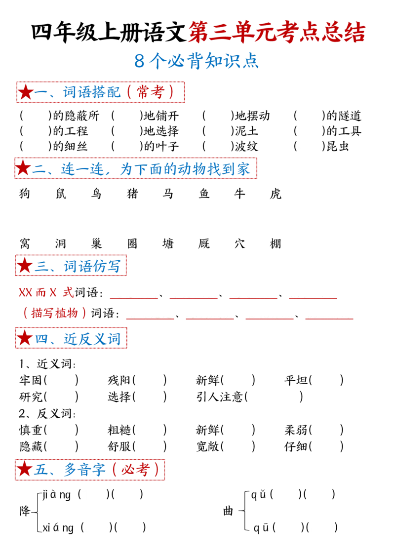 1-8单元考点默写四上语文(1)_小学1-6年级常用的上册资源汇总_四年级上册资料(1)