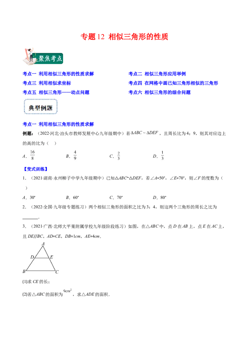 专题12相似三角形的性质(原卷版)_北师大初中数学_9上-北师大版初中数学_06专项讲练_学霸满分2022-2023学年九年级数学上册重难点专题提优训练（北师大版）