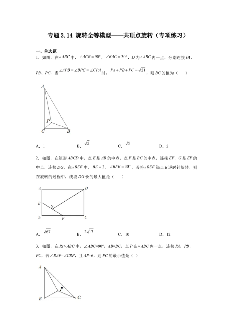 专题3.14旋转全等模型&mdash;&mdash;共顶点旋转（专项练习）-八年级数学下册基础知识专项讲练（北师大版）_北师大初中数学_8下-北师大版初中数学_旧版-可参考_05习题试卷_1课时练习