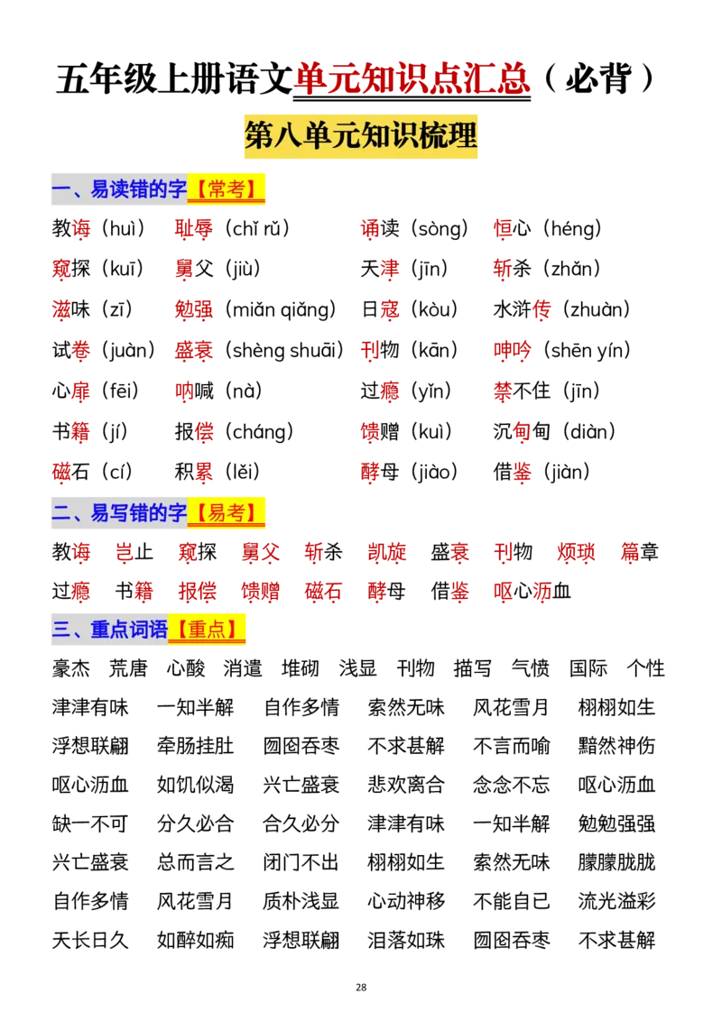 1112五年级上册语文1-8单元单元知识点归纳梳理(1)_小学1-6年级常用的上册资源汇总_五年级上册资料(1)