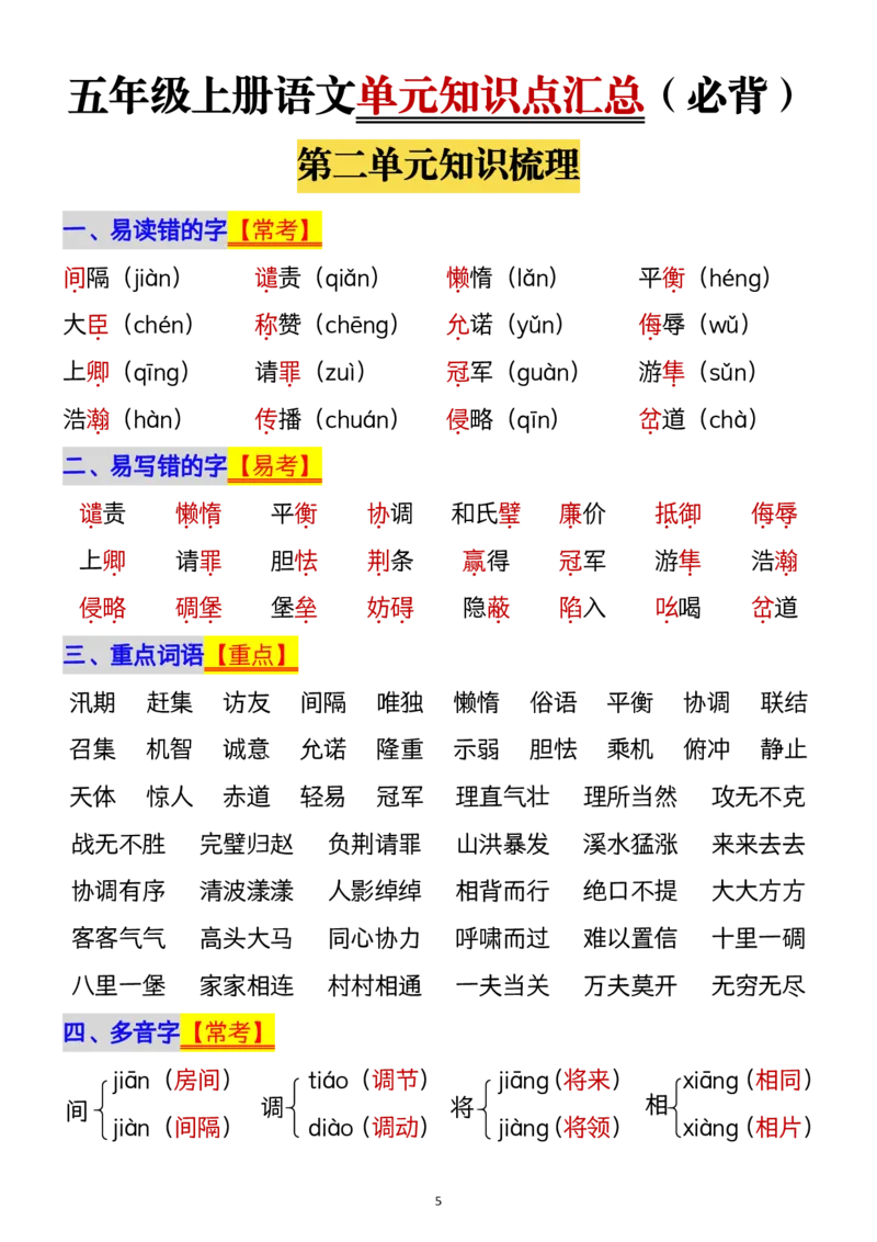 1112五年级上册语文1-8单元单元知识点归纳梳理(1)_小学1-6年级常用的上册资源汇总_五年级上册资料(1)