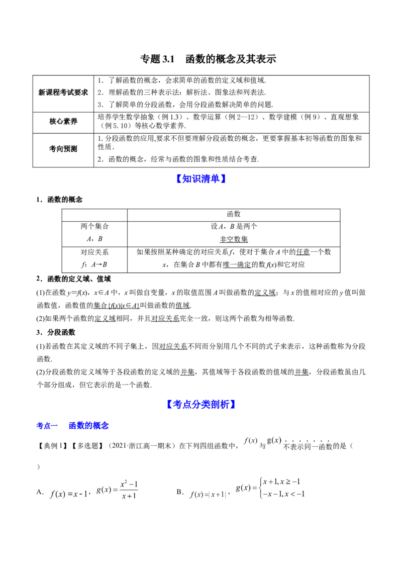 专题3.1函数的概念及其表示2022年高考数学一轮复习讲练测（新教材新高考）（讲）原卷版_02高考数学_新高考复习资料_2022年新高考资料