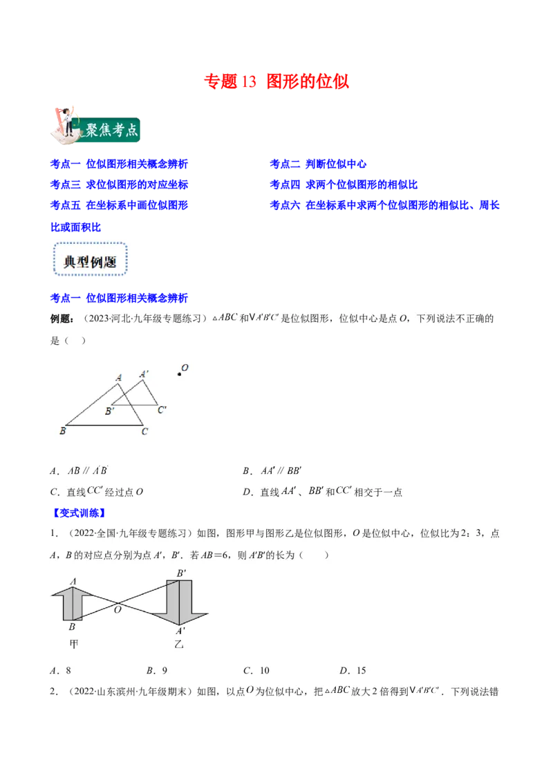 专题13图形的位似(原卷版)_北师大初中数学_9上-北师大版初中数学_06专项讲练_学霸满分2022-2023学年九年级数学上册重难点专题提优训练（北师大版）