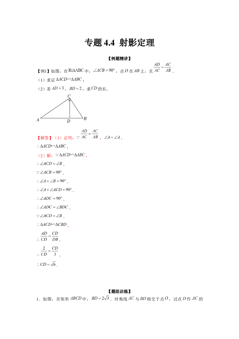 专题4.4射影定理（强化）（解析版）_北师大初中数学_9上-北师大版初中数学_06专项讲练_题型分层练2022-2023学年九年级数学上册单元题型精练（基础题型+强化题型）（北师大版）