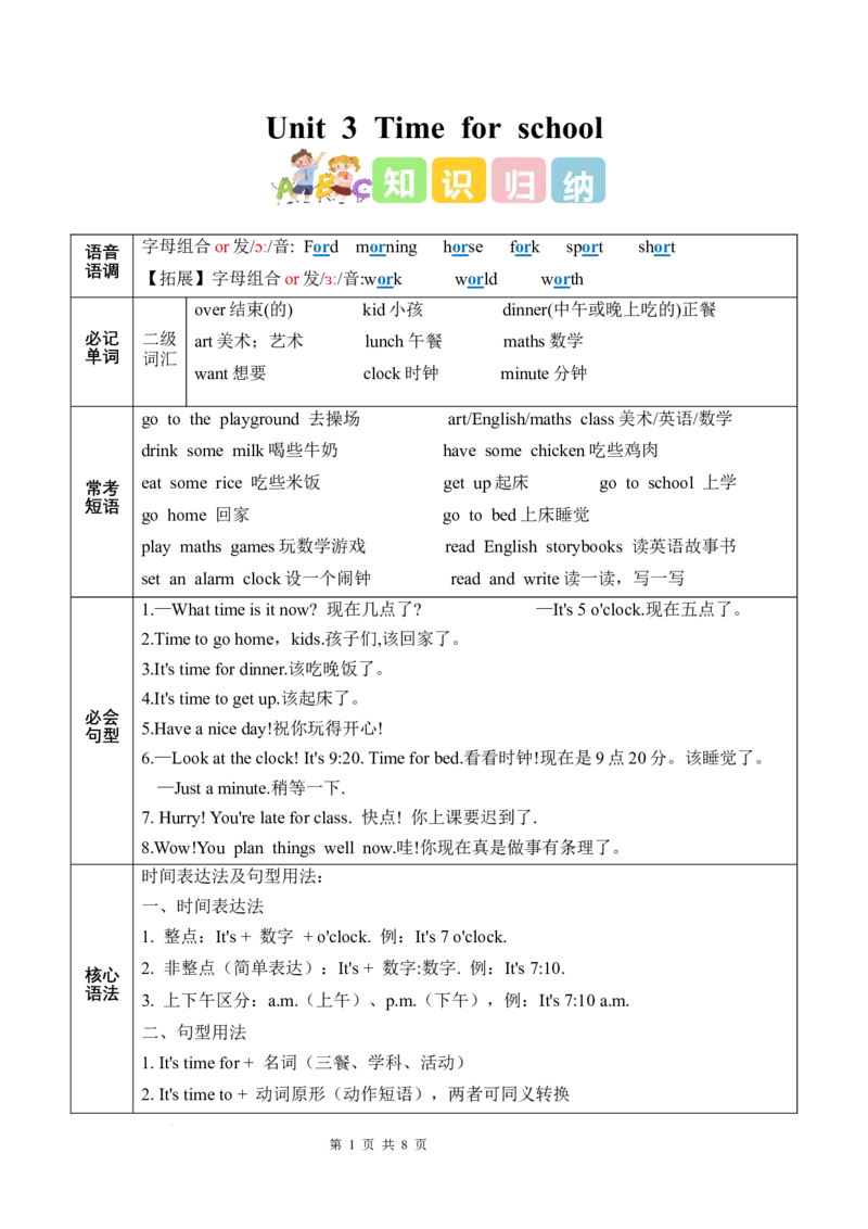 Unit3Timeforschool(知识清单)英语人教PEP版四年级下册(新教材)_4下-新英语人教PEP版（2026持续更新）_05知识清单+复习课件
