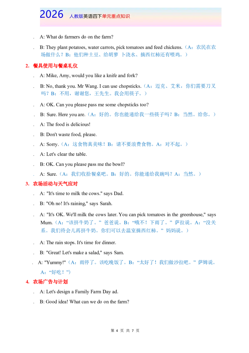 2026春人教版英语四下单元重点知识Unit6_4下-新英语人教PEP版（2026持续更新）_08知识清单（全册）_08.单元重点知识
