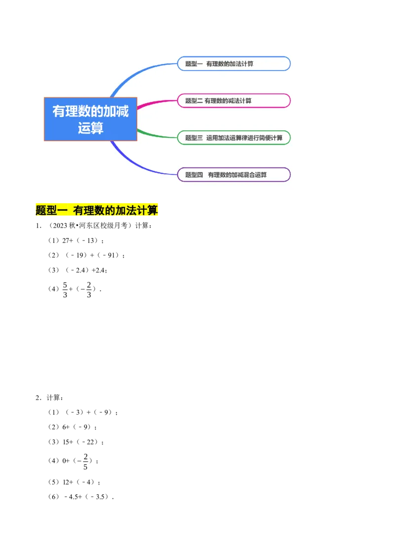 专题有理数的加减运算计算题（50题）（4大题型提分练）（原卷版）_北师大初中数学_7上-北师大版初中数学_7上-初中数学北师大（2024新版）持续更新_03课件+练习
