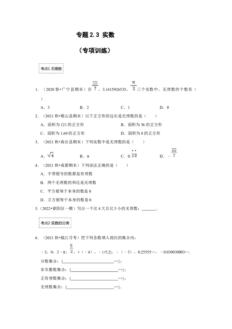 专题2.3实数（专项训练）-2022-2023学年八年级数学上册《同步考点解读&bull;专题训练》（北师大版）_北师大初中数学_8上-北师大版初中数学_旧版_06专项讲练