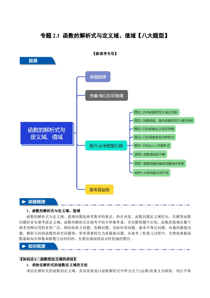 专题2.1函数的解析式与定义域、值域八大题型（讲义）（举一反三）（新高考专用）（原卷版）_02高考数学_2025年新高考资料_二轮复习_一、热点题型篇