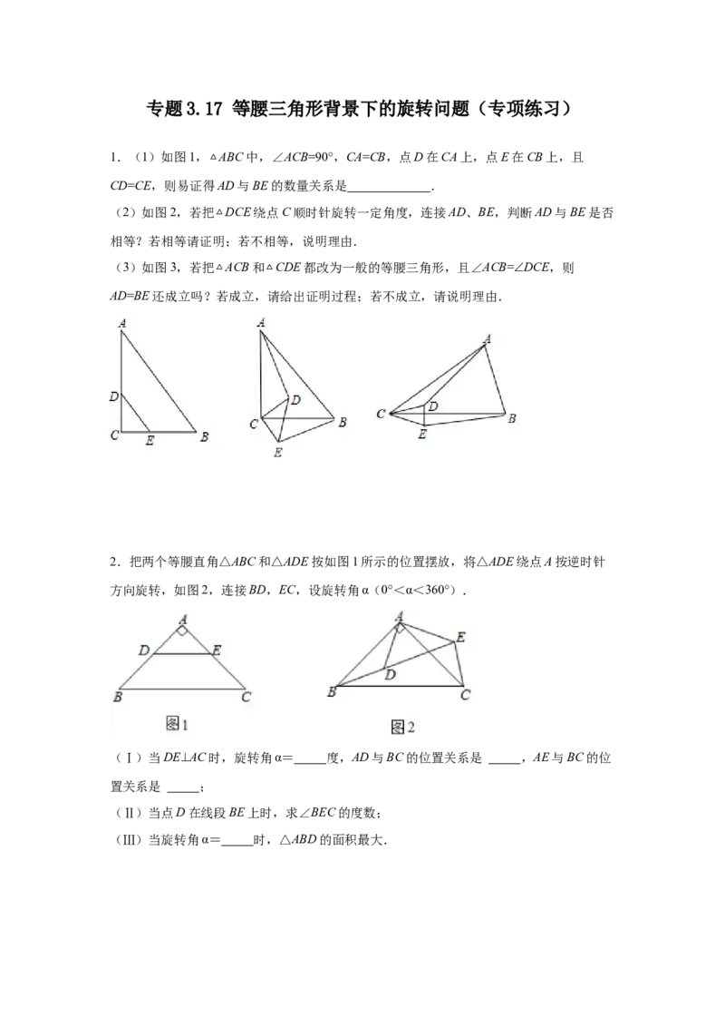 专题3.17等腰三角形背景下的旋转问题（专项练习）-八年级数学下册基础知识专项讲练（北师大版）_北师大初中数学_8下-北师大版初中数学_旧版-可参考_05习题试卷_1课时练习