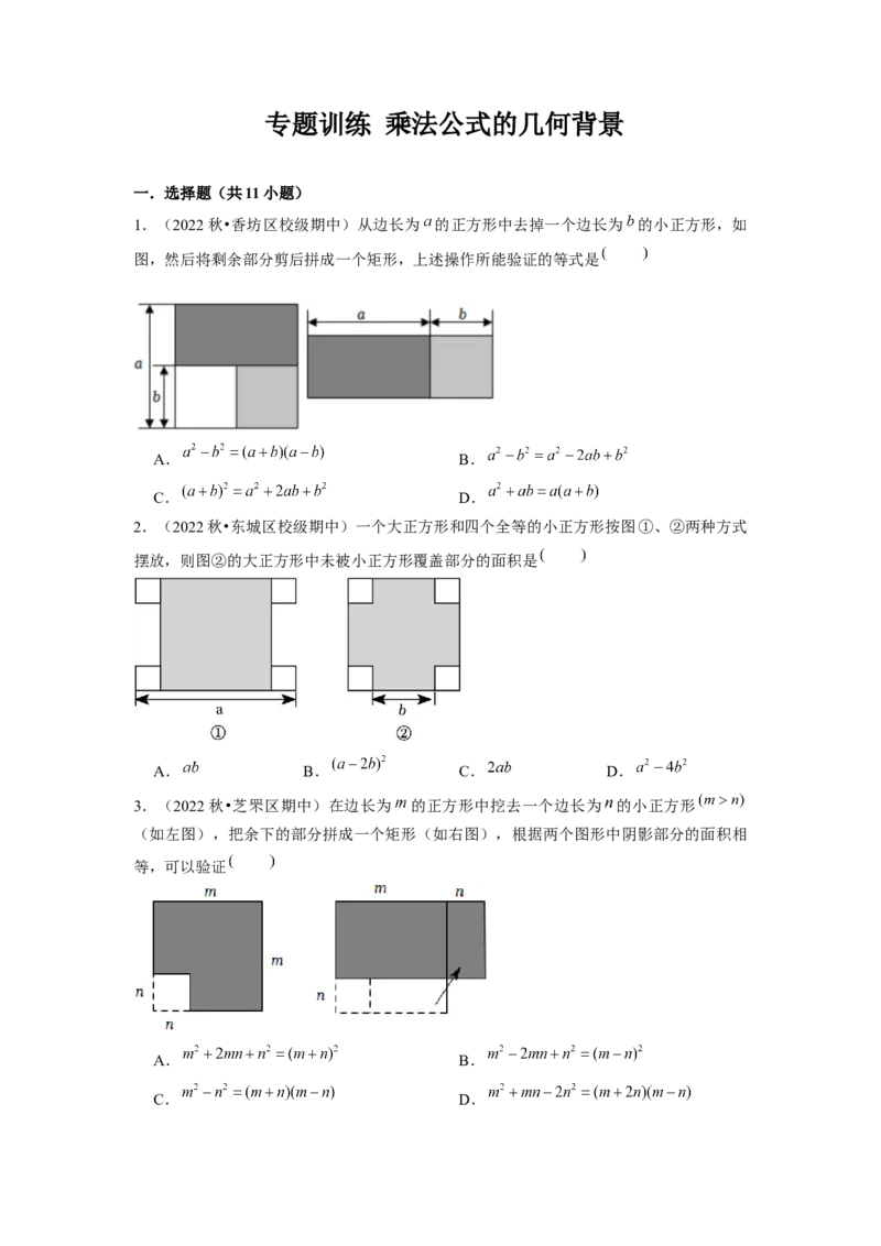 专题训练乘法公式的几何背景（原卷版）_北师大初中数学_7下-北师大版初中数学_7下-初中数学北师大版（旧版）赠送_06专项讲练