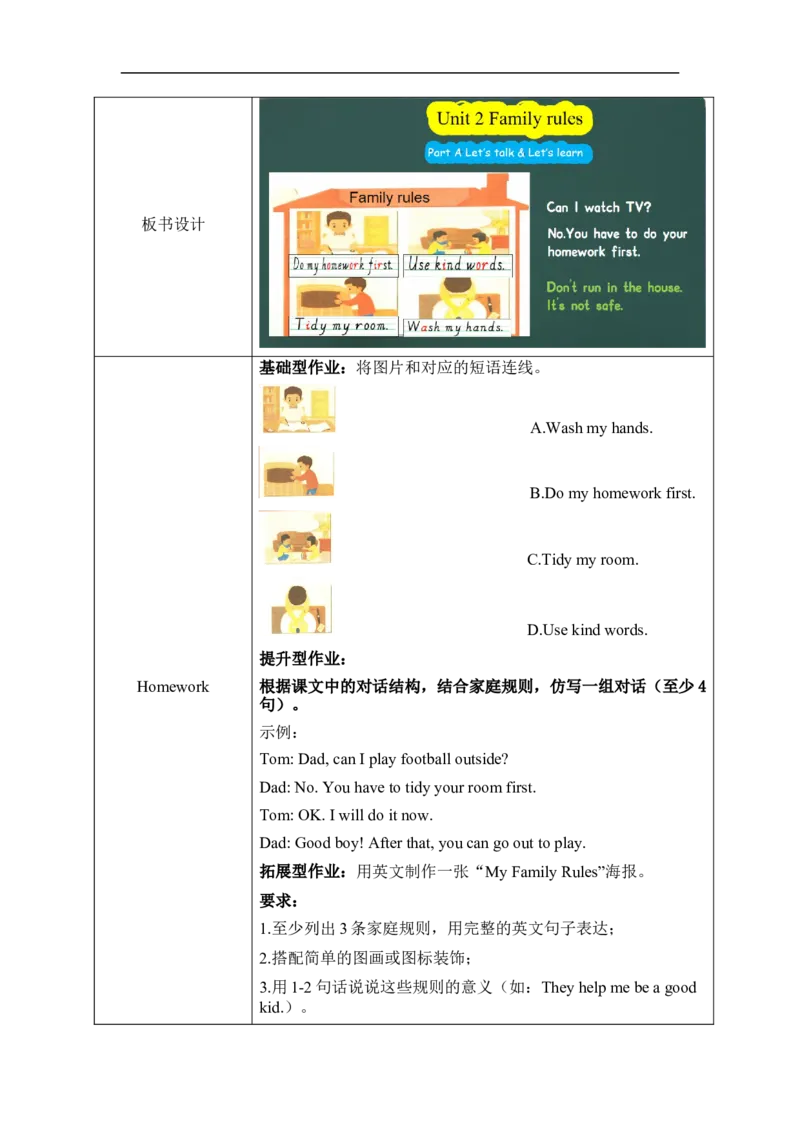 Unit2Familyrules单元整体教学设计表格式（5课时）_4下-新英语人教PEP版（2026持续更新）_04教案（多套齐全）_单元整体教学设计表格式（5课时）