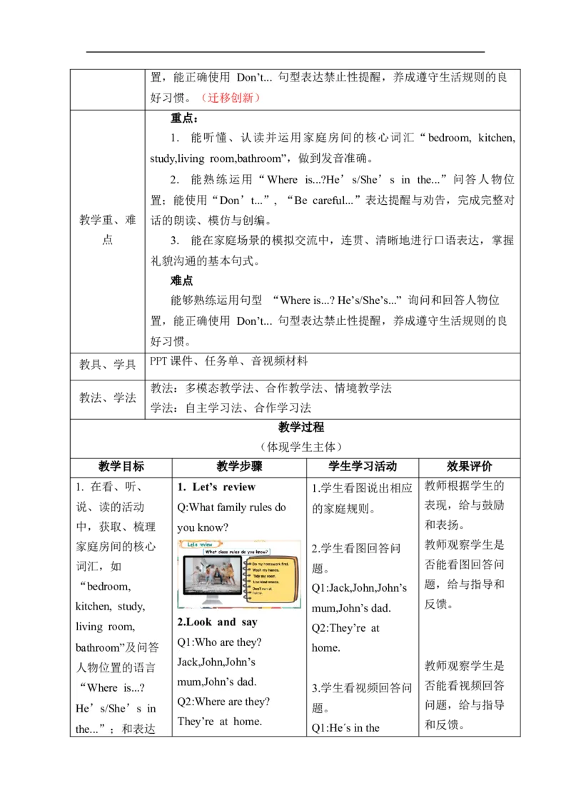 Unit2Familyrules单元整体教学设计表格式（5课时）_4下-新英语人教PEP版（2026持续更新）_04教案（多套齐全）_单元整体教学设计表格式（5课时）