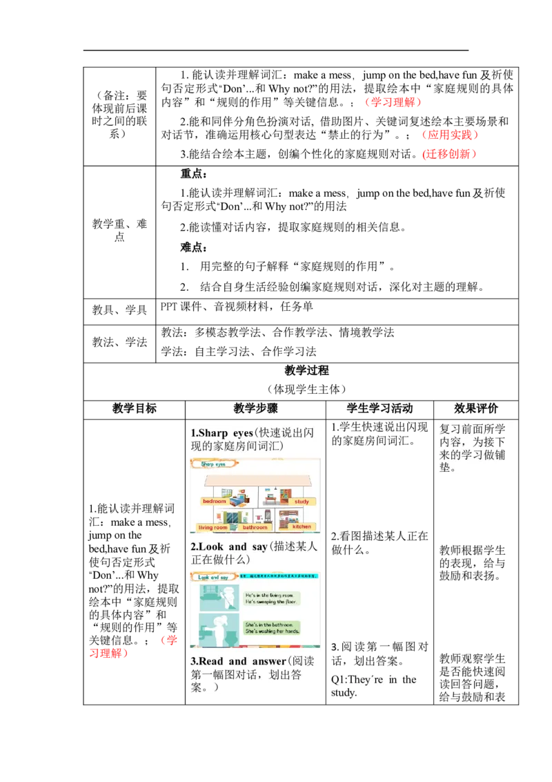 Unit2Familyrules单元整体教学设计表格式（5课时）_4下-新英语人教PEP版（2026持续更新）_04教案（多套齐全）_单元整体教学设计表格式（5课时）
