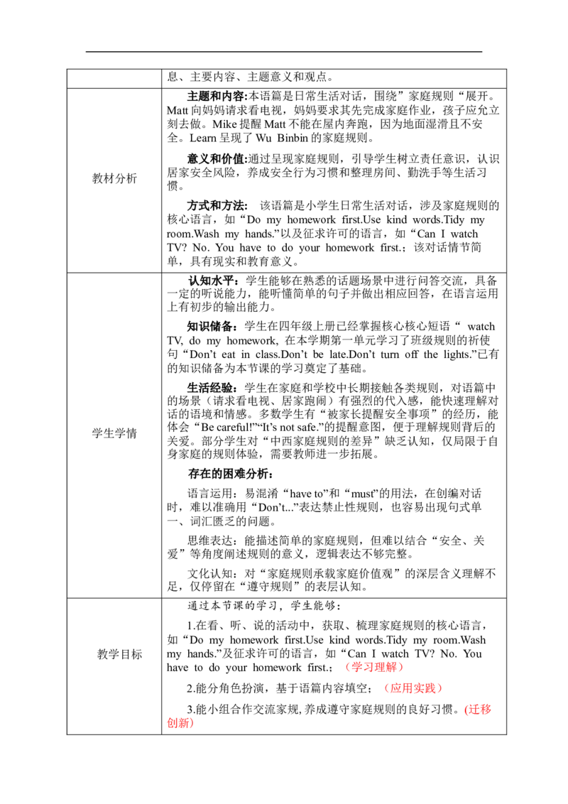 Unit2Familyrules单元整体教学设计表格式（5课时）_4下-新英语人教PEP版（2026持续更新）_04教案（多套齐全）_单元整体教学设计表格式（5课时）