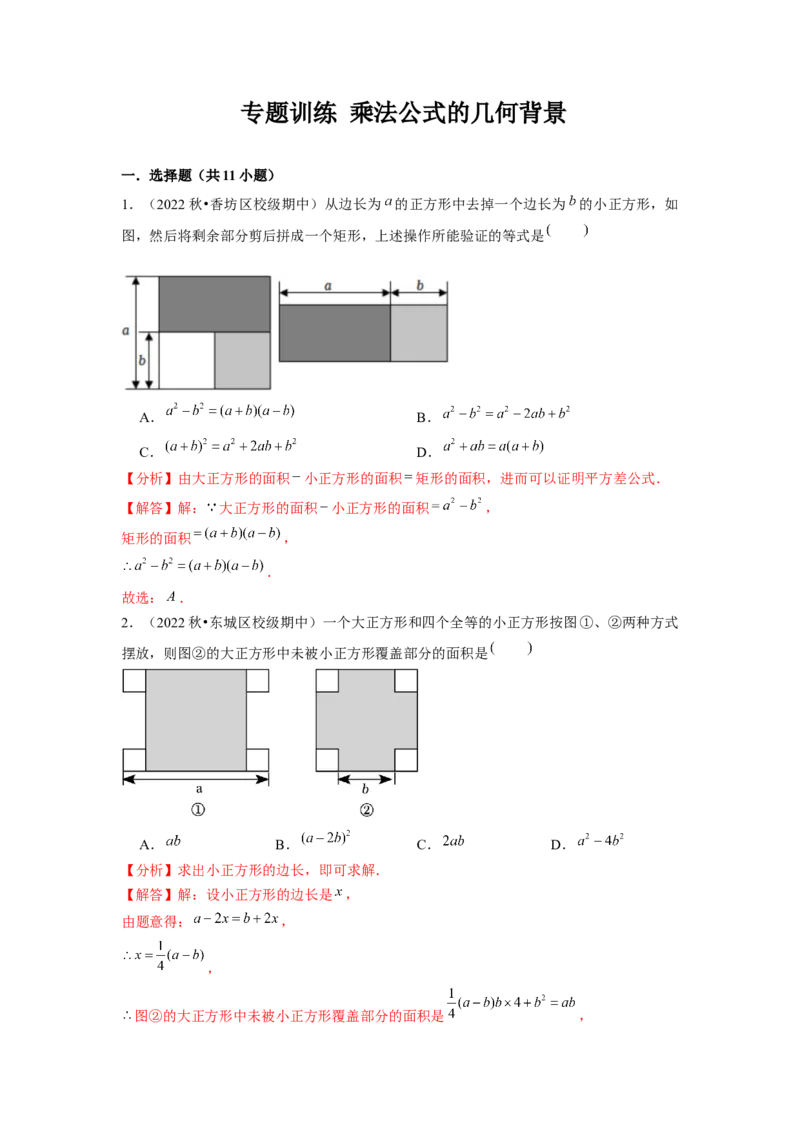专题训练乘法公式的几何背景（解析版）_北师大初中数学_7下-北师大版初中数学_7下-初中数学北师大版（旧版）赠送_06专项讲练