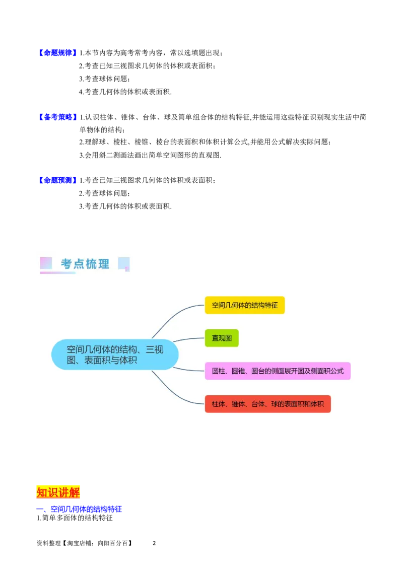 专题20空间几何体的结构、三视图、表面积与体积（学生版）_02高考数学_通用版（老高考）复习资料_2024年复习资料_完备战2024年高考数学一轮复习考点帮（全国通用）
