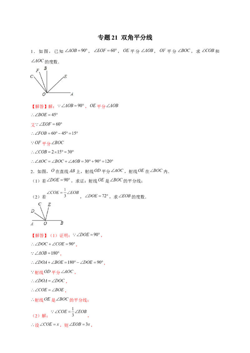 专题21双角平分线（解析版）_北师大初中数学_7上-北师大版初中数学_7上-初中数学北师大（旧版）赠送_06专项讲练