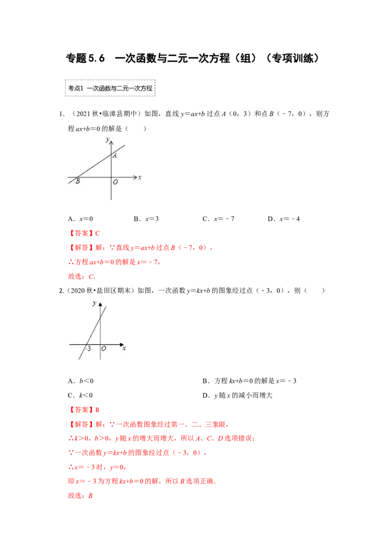 专题5.6一次函数与二元一次方程（组）（专项训练）（解析版）_北师大初中数学_8上-北师大版初中数学_旧版_06专项讲练