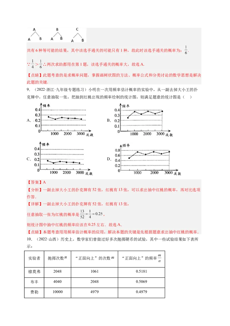专题3.1用树状图或表格求概率+专题3.2用频率估计概率（解析版）_北师大初中数学_9上-北师大版初中数学_06专项讲练