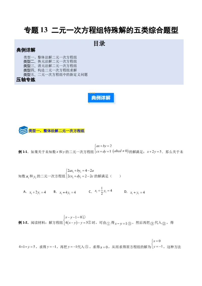 专题13二元一次方程组特殊解的五类综合题型（压轴题专项训练）（学生版）_北师大初中数学_8上-北师大版初中数学_初中数学北师大8上-2025秋季新版_第二套推荐25_08专项讲练