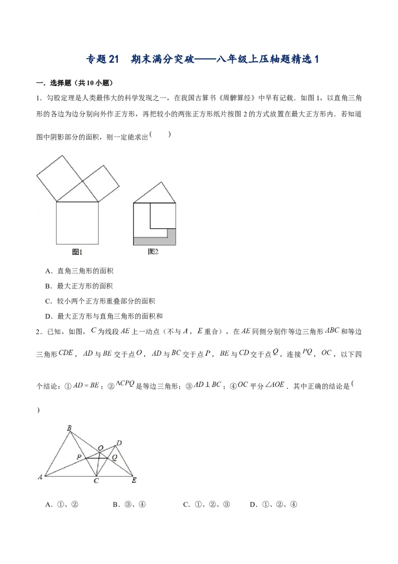 专题21期末满分突破压轴题精选1（原卷版）-重难点突破2021-2022学年八年级数学上册常考题专练（北师大版）_北师大初中数学_8上-北师大版初中数学_旧版_06专项讲练
