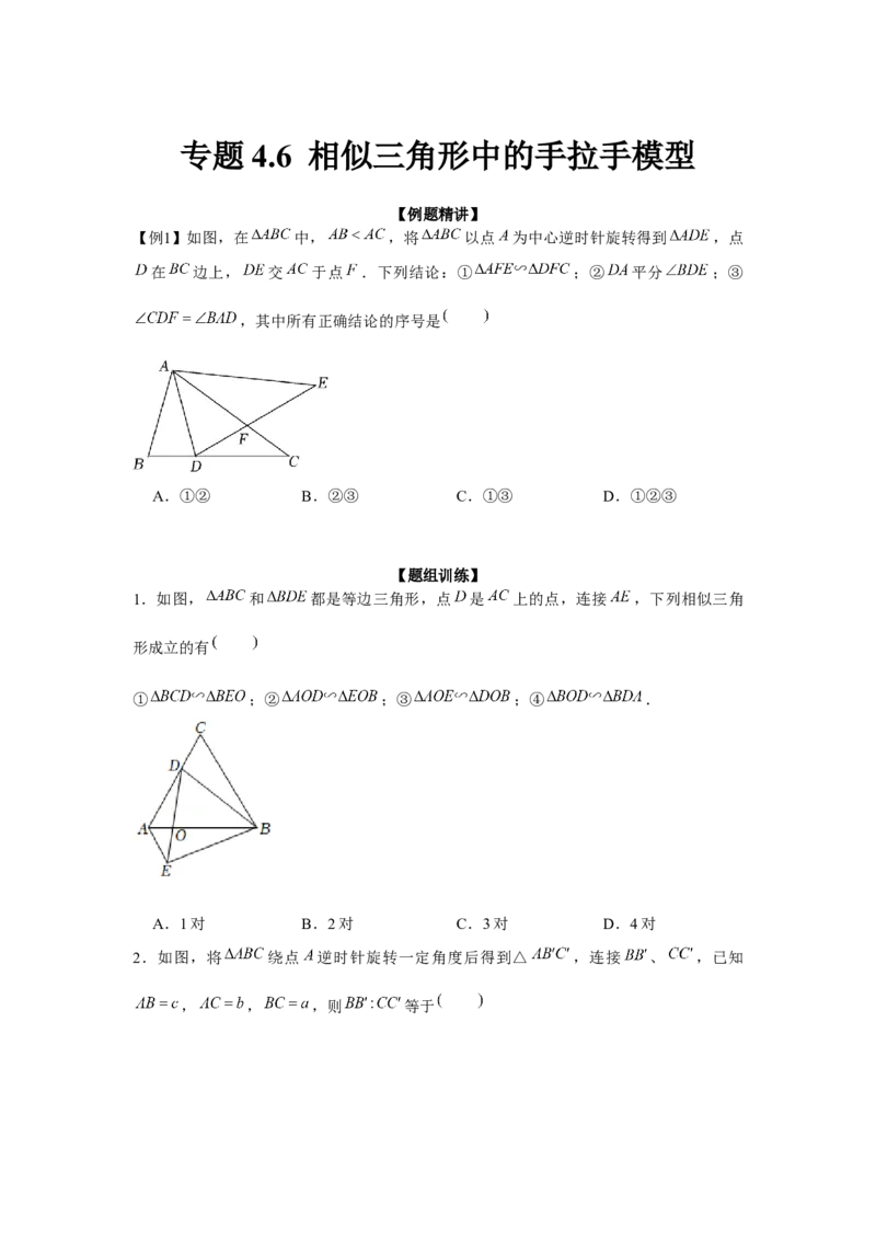 专题4.6相似三角形中的手拉手模型（强化）（原卷版）_北师大初中数学_9上-北师大版初中数学_06专项讲练