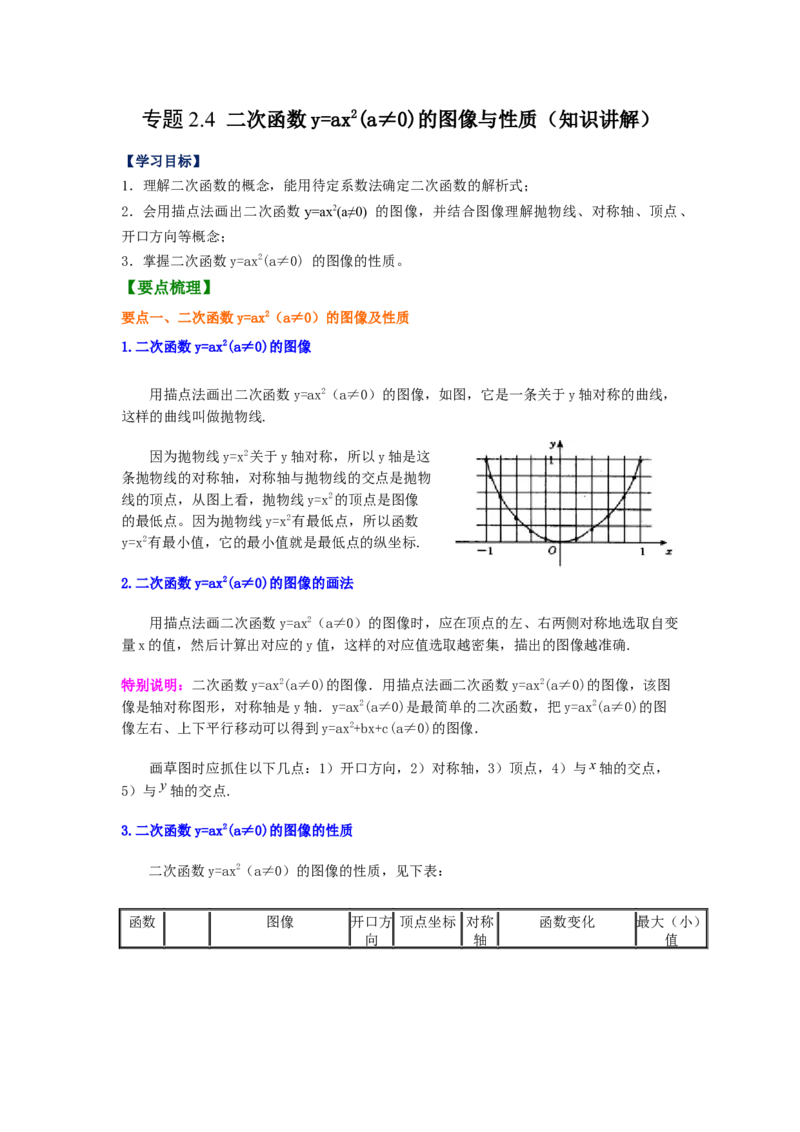 专题2.4二次函数y=ax&sup2;(a&ne;0)的图像与性质（知识讲解）_北师大初中数学_9下-北师大版初中数学_05习题试卷_1课时练习_同步练习（第2套）