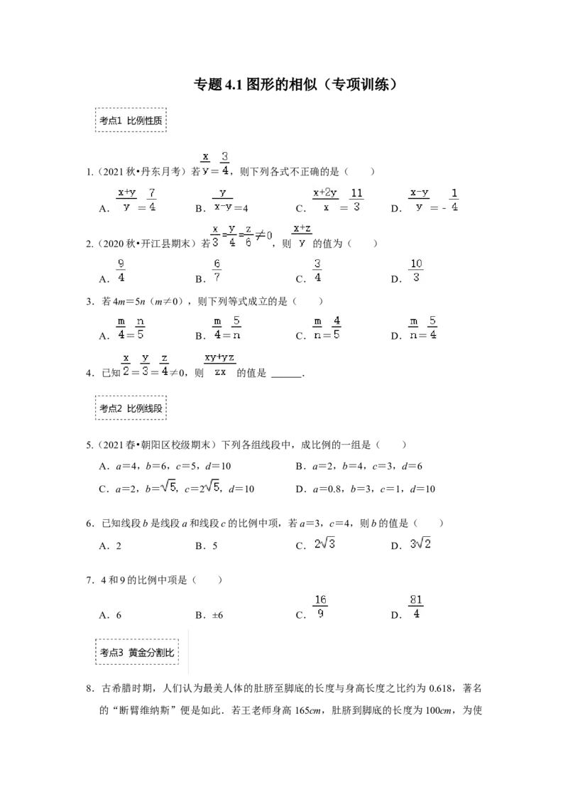 专题4.1图形的相似（专项训练）-2022-2023学年九年级数学上册《同步考点解读&bull;专题训练》（北师大版）_北师大初中数学_9上-北师大版初中数学_06专项讲练