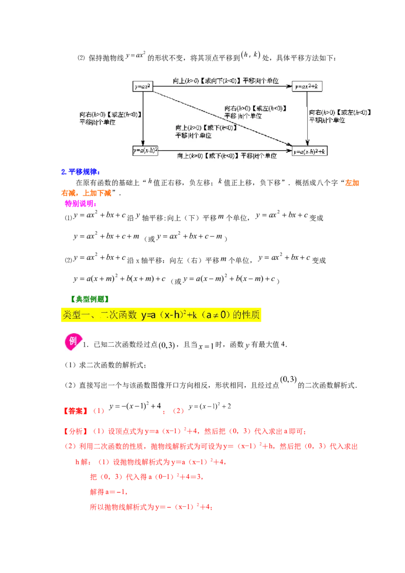 专题2.10二次函数y=a(x-h)&sup2;+k(a&ne;0)的图像与性质（知识讲解_北师大初中数学_9下-北师大版初中数学_05习题试卷_1课时练习_同步练习（第2套）