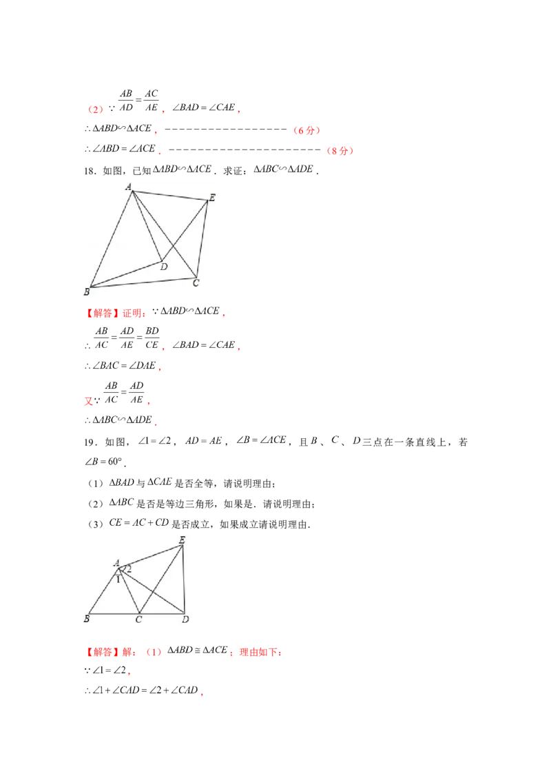 专题4.6相似三角形中的手拉手模型（强化）（解析版）_北师大初中数学_9上-北师大版初中数学_06专项讲练