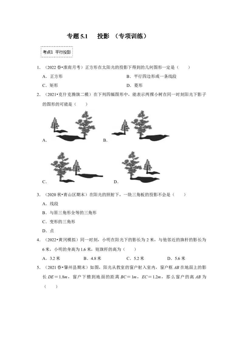专题5.1投影（专项训练）（原卷版）_北师大初中数学_9上-北师大版初中数学_06专项讲练_2022-2023学年九年级数学上册《同步考点解读&bull;专题训练》（北师大版）