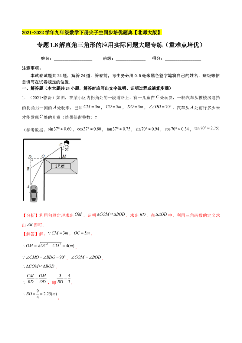 专题1.8解直角三角形的应用实际问题大题专练（重难点培优）-九年级数学下册尖子生同步培优题典（解析版）北师大版_北师大初中数学_9下-北师大版初中数学_05习题试卷_1课时练习