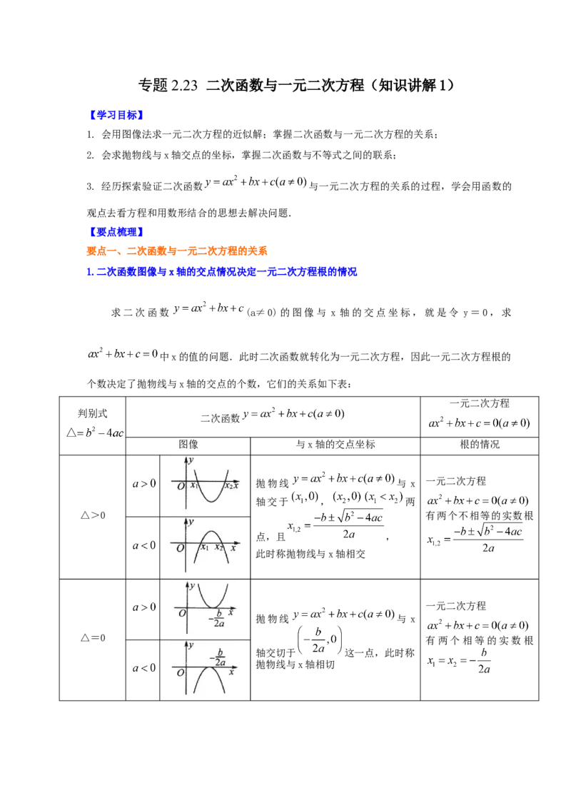 专题2.23二次函数与一元二次方程（知识讲解1）-九_北师大初中数学_9下-北师大版初中数学_05习题试卷_1课时练习_同步练习（第2套）