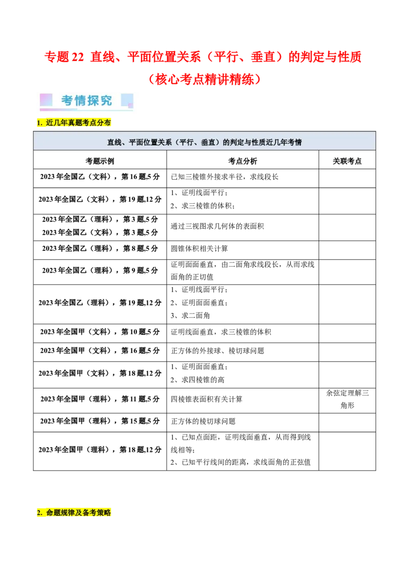 专题22直线、平面位置关系（平行、垂直）的判定与性质（学生版）_02高考数学_通用版（老高考）复习资料_2024年复习资料_完备战2024年高考数学一轮复习考点帮（全国通用）