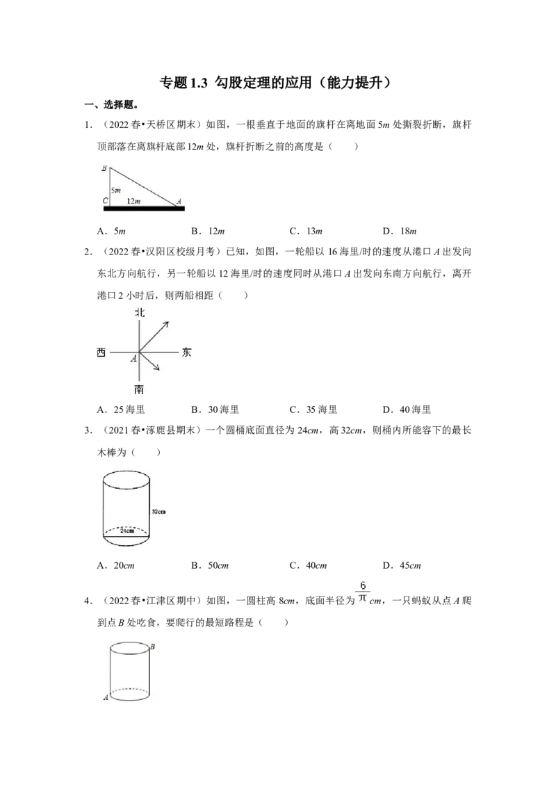专题1.3勾股定理的应用（能力提升）-2022-2023学年八年级数学上册《同步考点解读&bull;专题训练》（北师大版）_北师大初中数学_8上-北师大版初中数学_旧版_06专项讲练