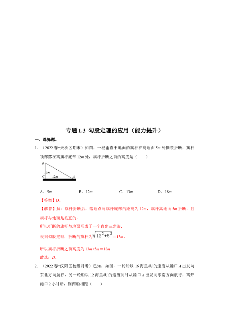 专题1.3勾股定理的应用（能力提升）-2022-2023学年八年级数学上册《同步考点解读&bull;专题训练》（北师大版）_北师大初中数学_8上-北师大版初中数学_旧版_06专项讲练