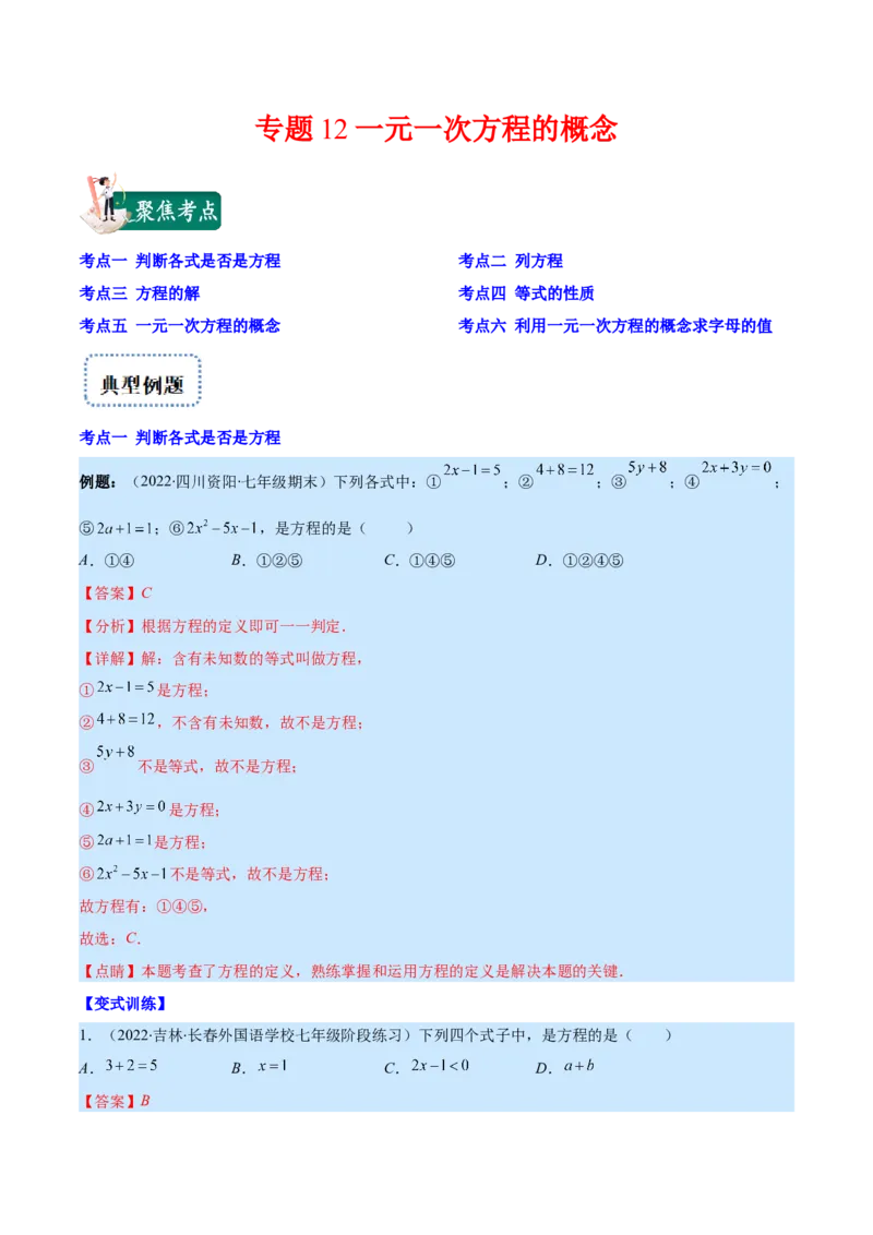 专题12一元一次方程的概念(解析版)（重点突围）_北师大初中数学_7上-北师大版初中数学_7上-初中数学北师大（旧版）赠送_06专项讲练