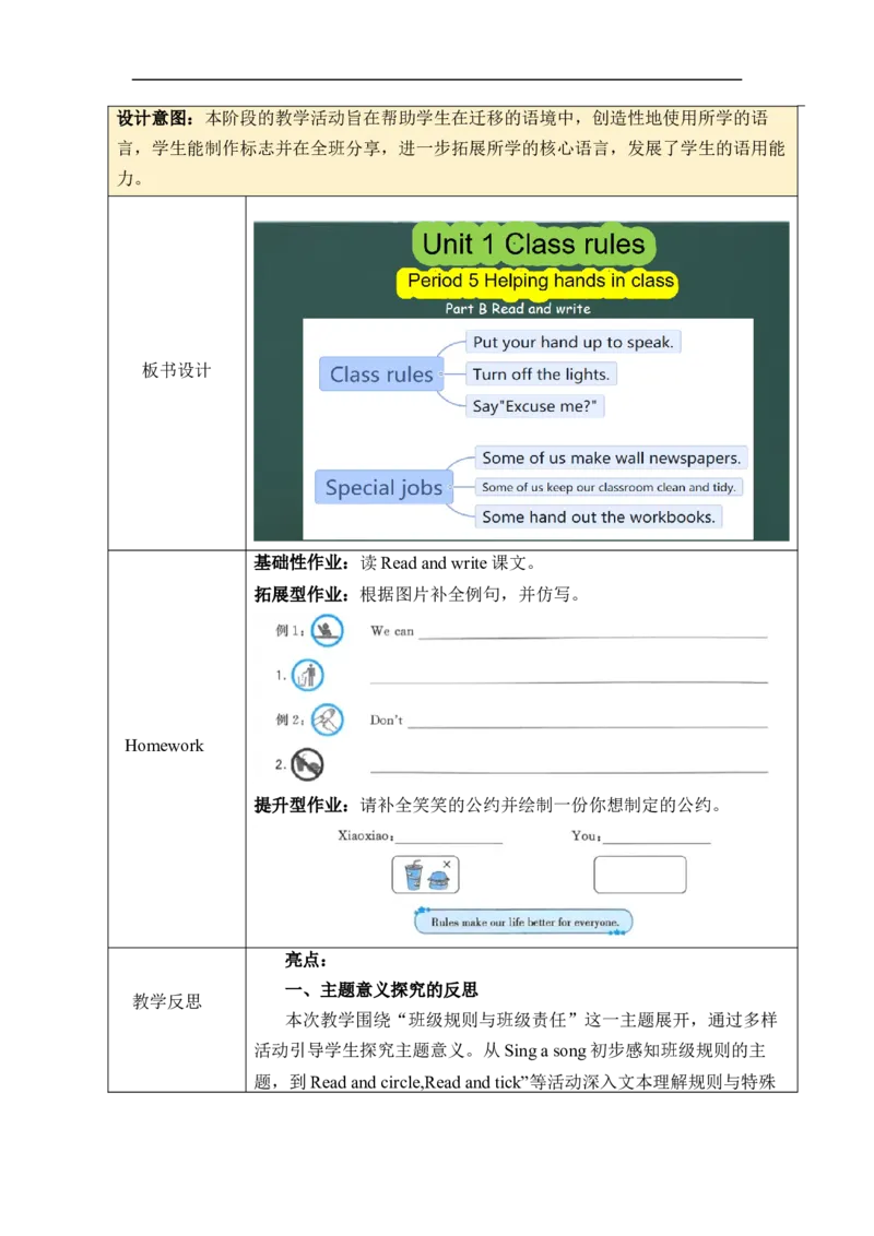 Unit1Classrules单元整体教学设计表格式（5课时）_4下-新英语人教PEP版（2026持续更新）_04教案（多套齐全）_单元整体教学设计表格式（5课时）